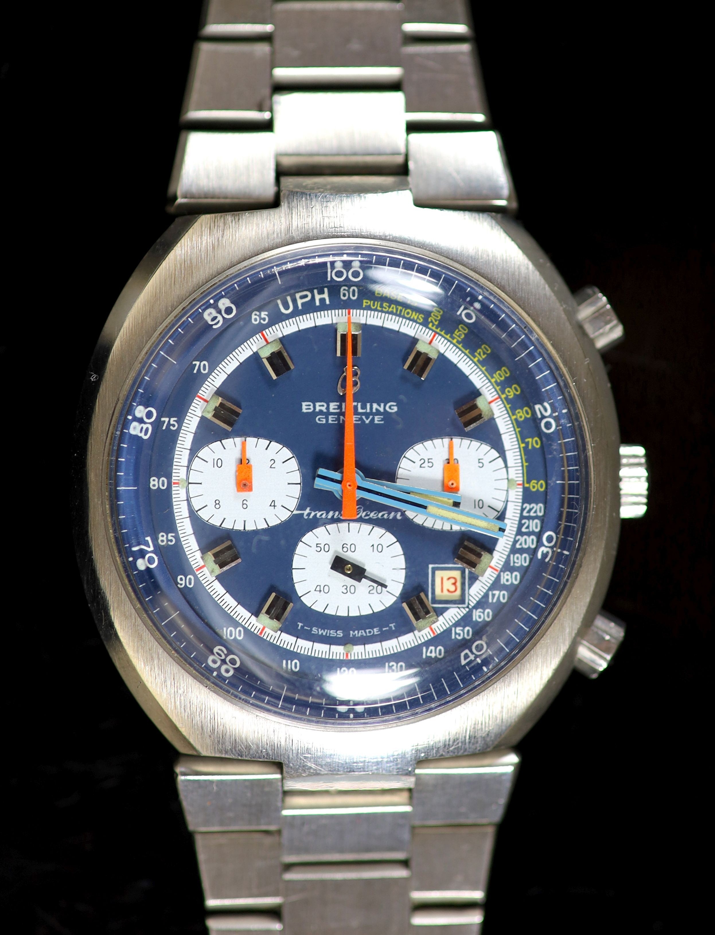 A gentleman's 1970's stainless steel Breitling Transocean chronograph date manual wind wrist watch